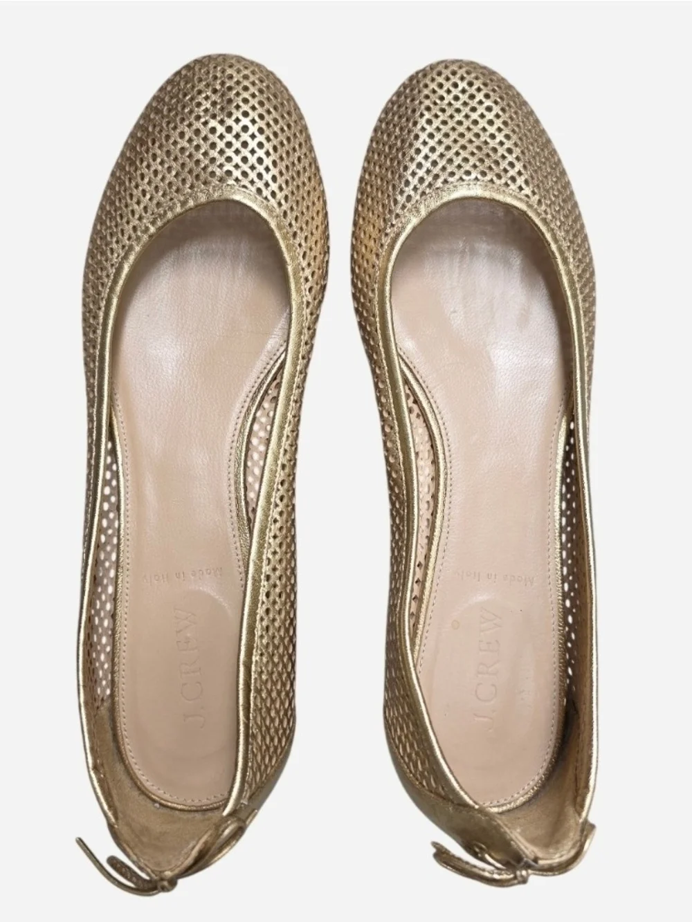 J. Crew Quorra Metallic Gold Leather Perforated Ballet Flats Made In Italy, 8.5